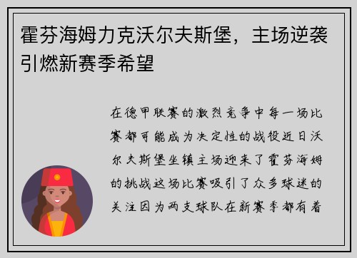霍芬海姆力克沃尔夫斯堡，主场逆袭引燃新赛季希望